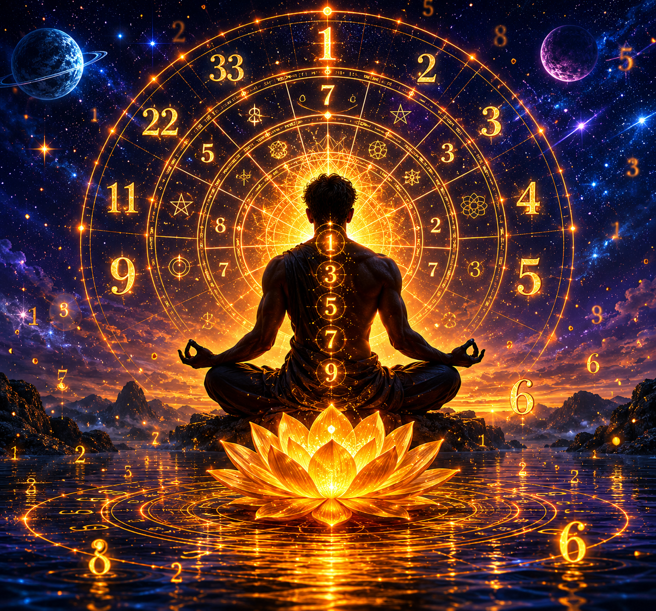 Meditation surrounded by sacred numerology symbols